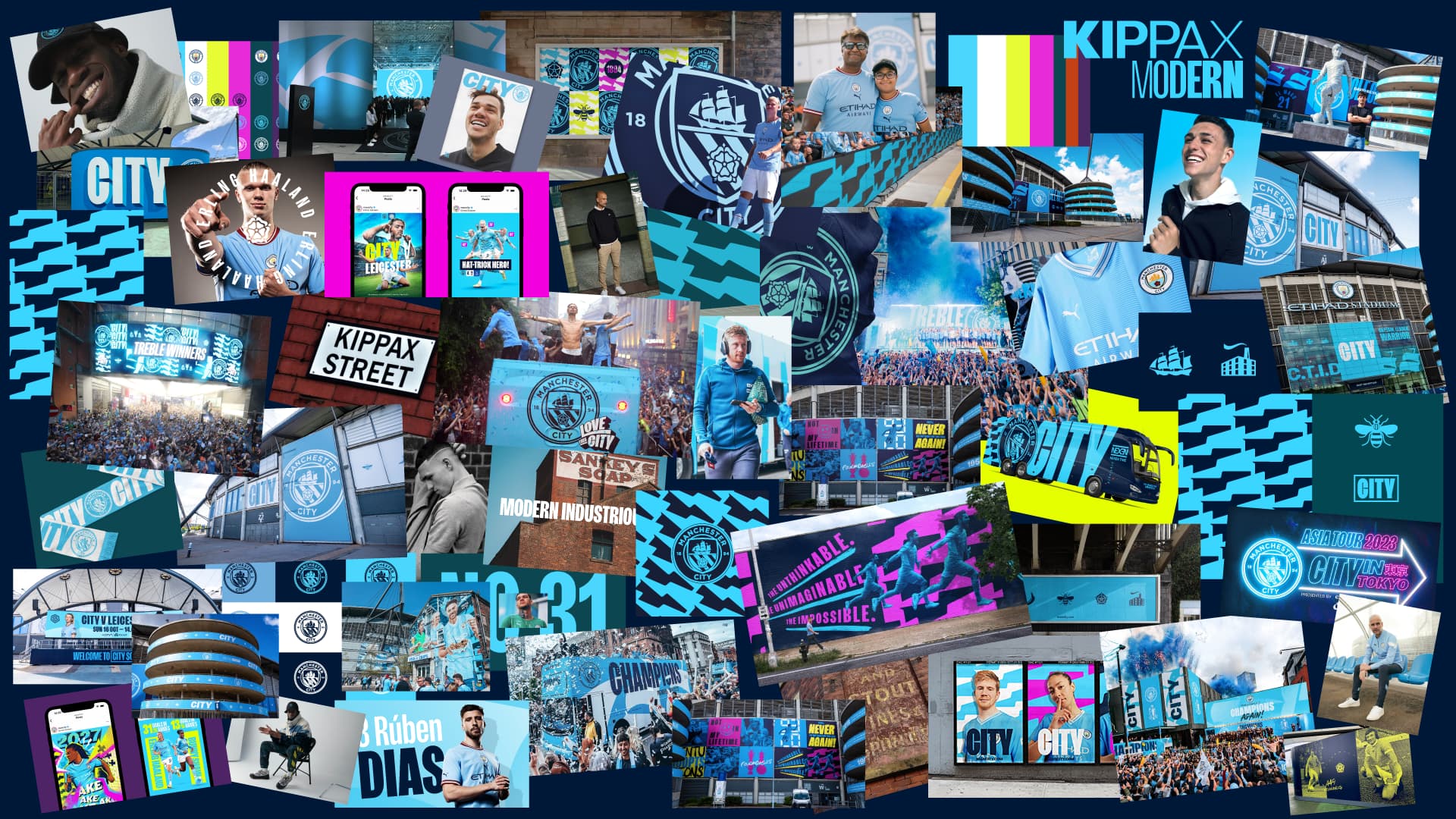 Collage of Man City brand in use